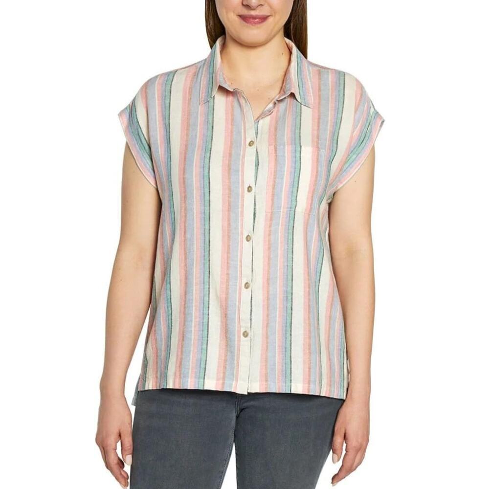 Orvis Button Top Women's XXL Pink Striped Linen Blend Short Sleeve Shirt